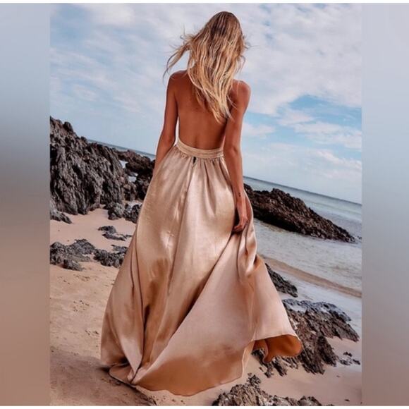 Free People Womens Look Into The Sun Gown Deep V Halter Neck Champagne Size S - Picture 2 of 13